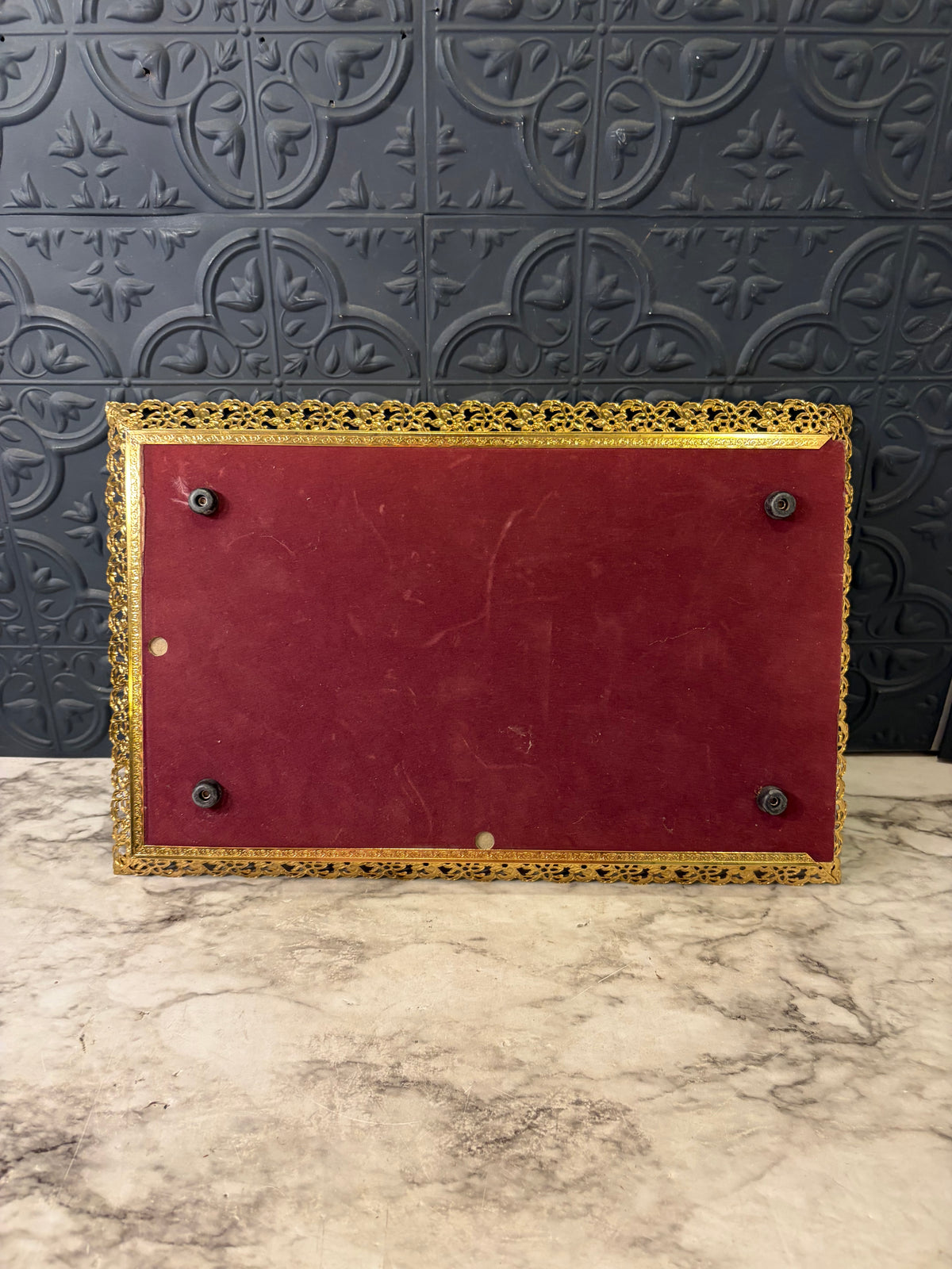 Brass Filigree Mirror Tray with Flowers 14.5"