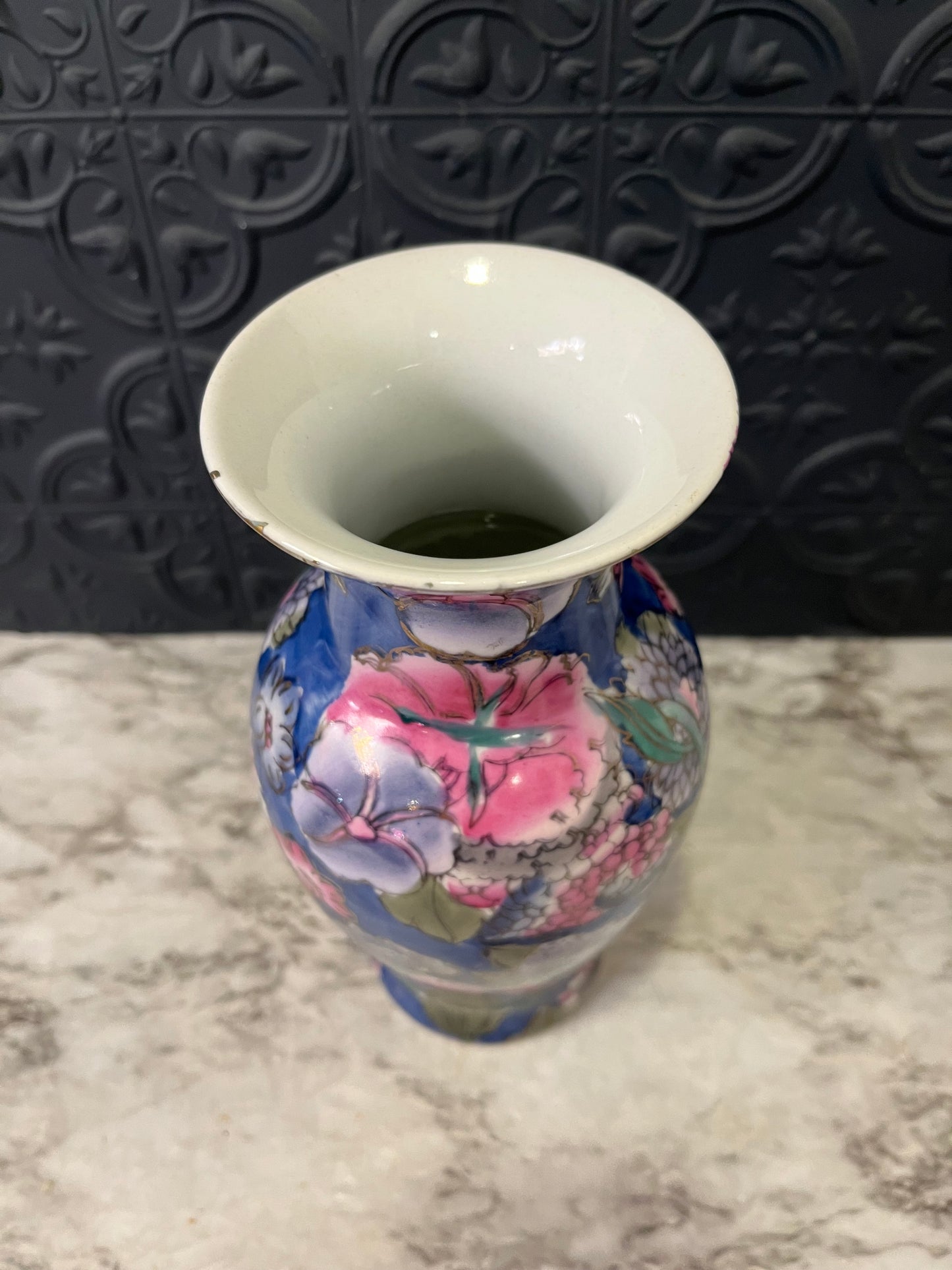 Blue Vase with Pink and Purple Florals 9.75"