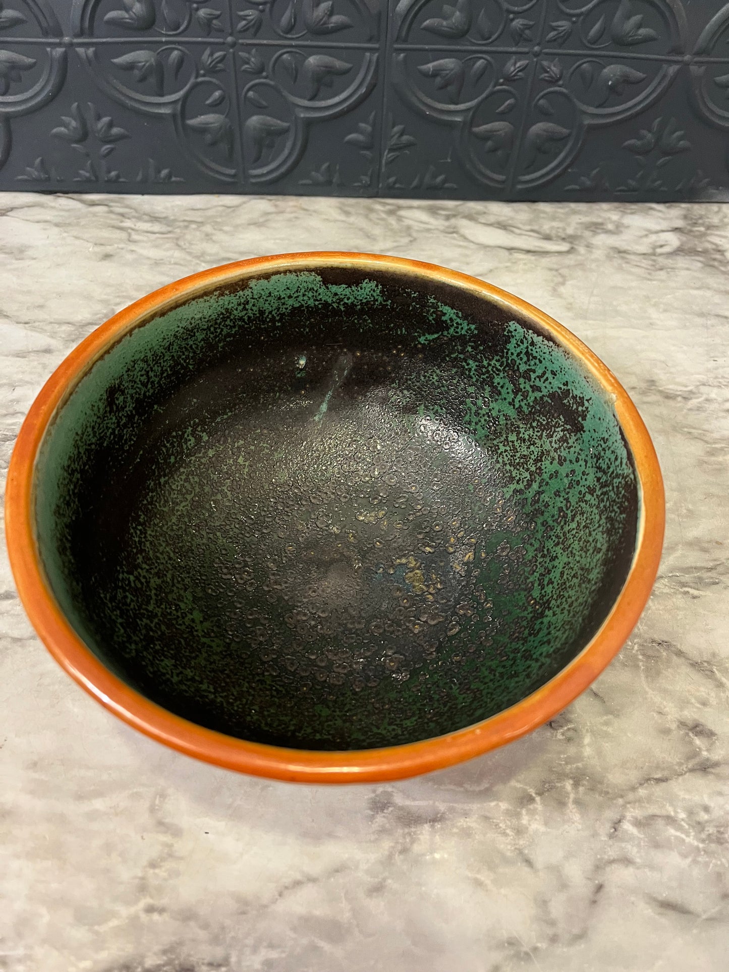 Orange Bowl with Green Inside Pottery