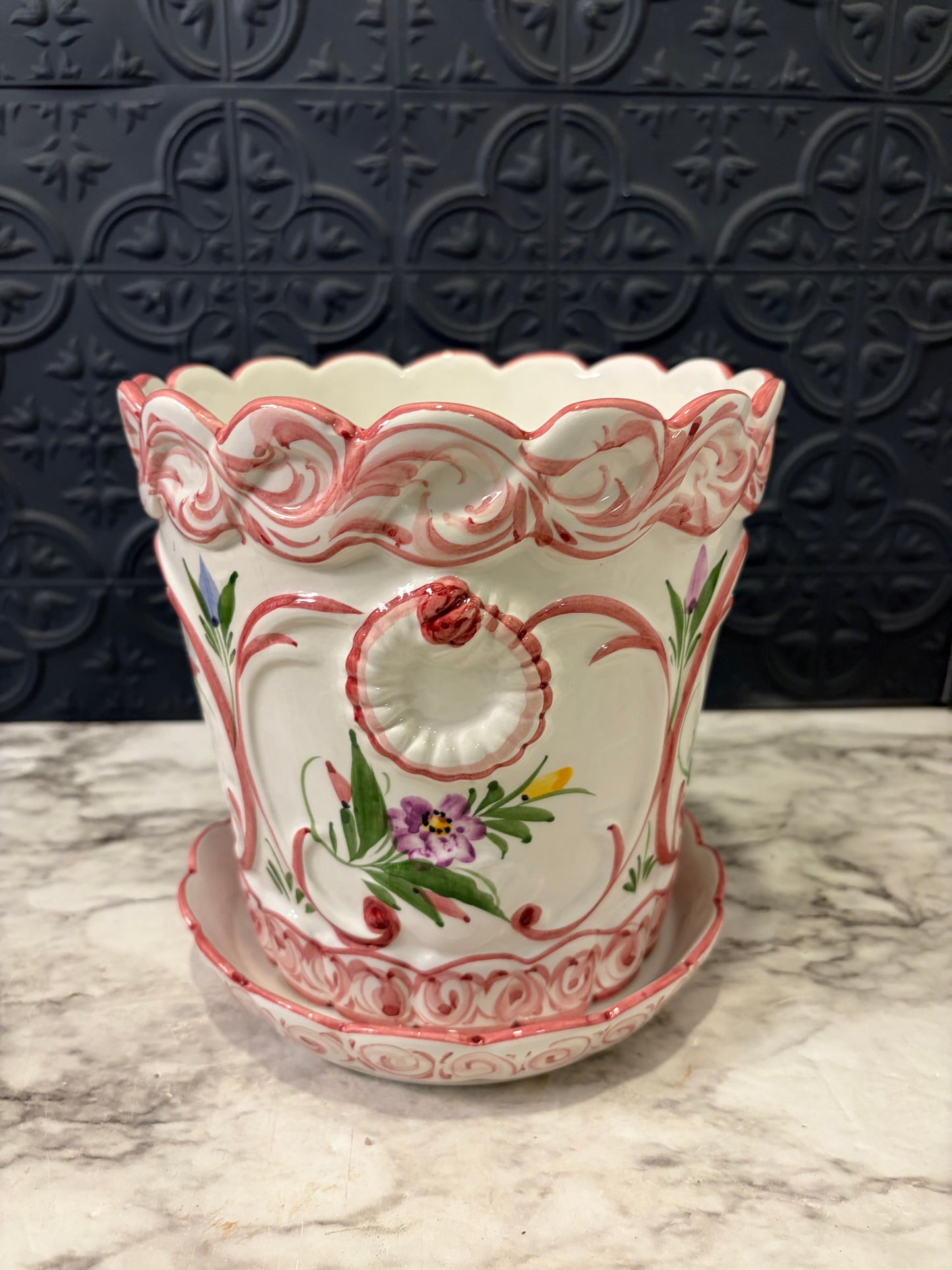Hand Painted in Portugal Flower Pot and Tray