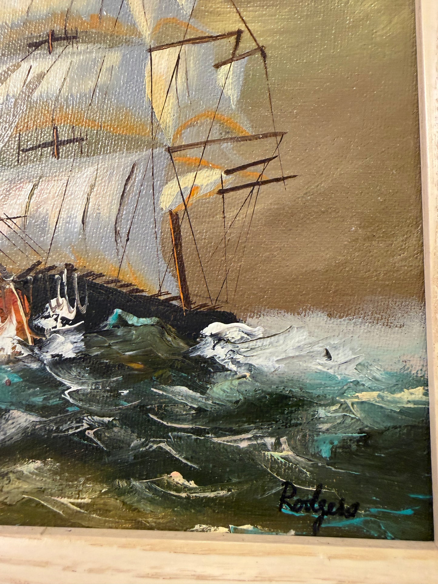 Original Oil Painting Sunset Ship