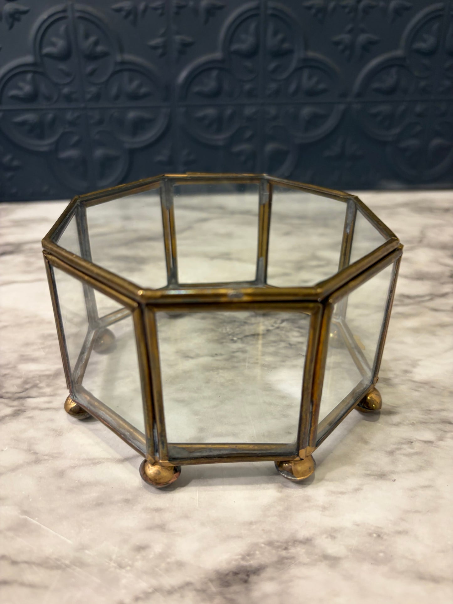 4.5" Octagon Brass and Glass Trinket Box