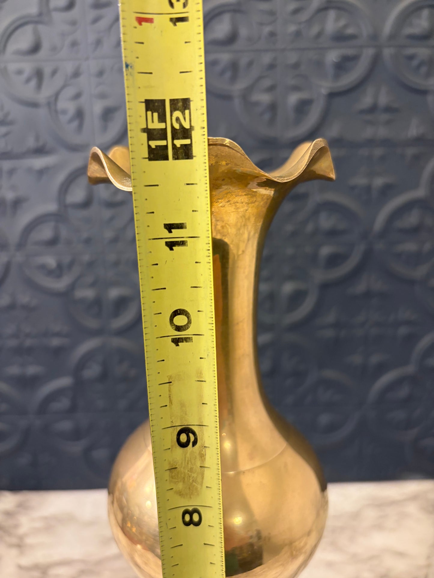 12" Ruffled Top Brass Vase
