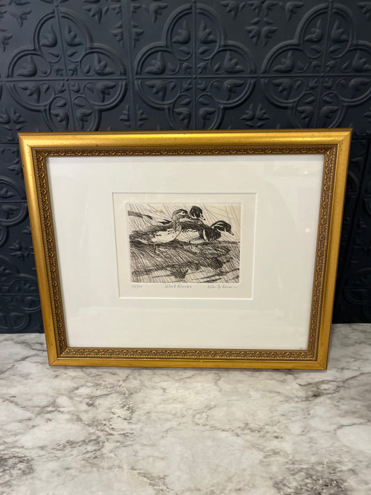 Wood Ducks Etching Signed and Framed