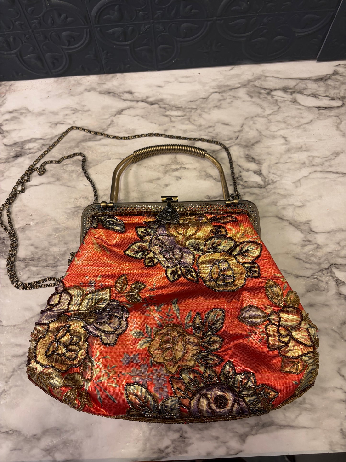 Orange Embroidered Clutch Handbag with Strap