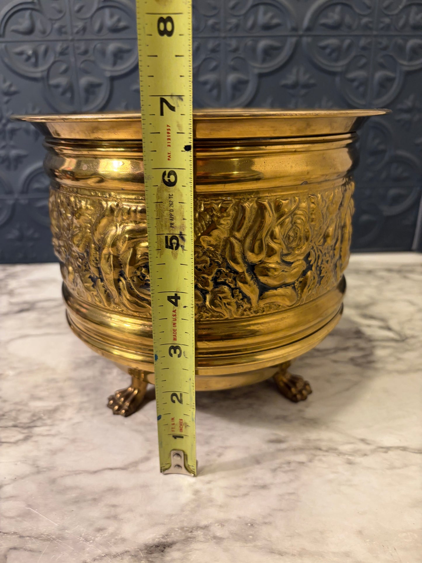 Brass Planter Pot with Rose Relief and Feet