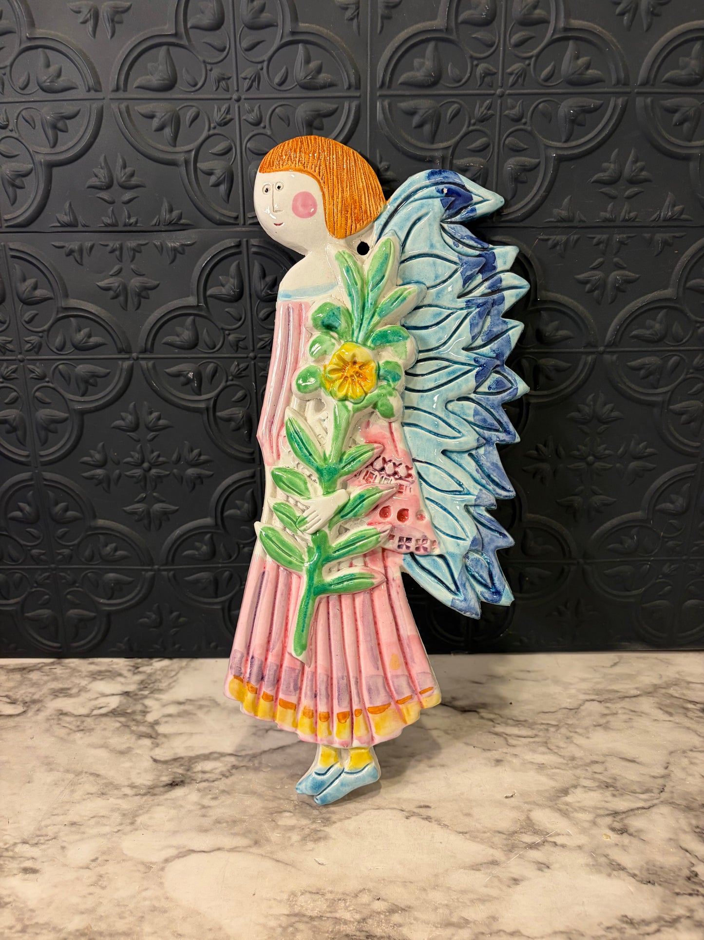 Ceramic Italian Folk Art Angel Wall Hanging Blue