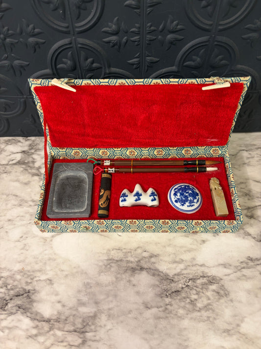 Chinese Calligraphy Writing Set with Fabric Box