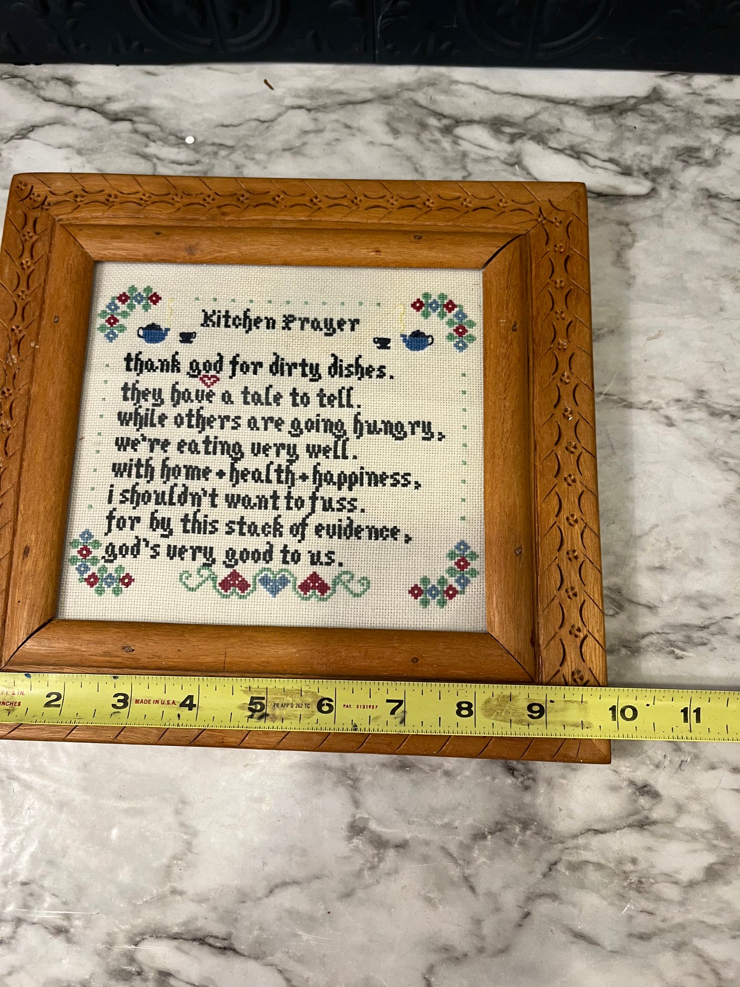 Kitchen Prayer Cross Stitch in Hand Carved Frame
