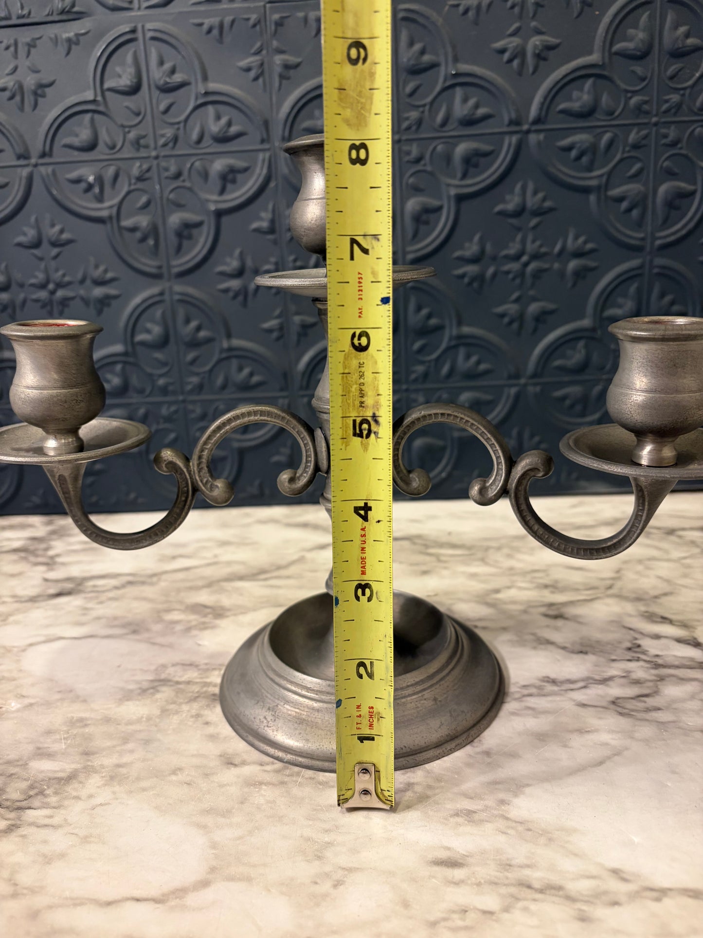 Vintage Pewter Candelabra with Three Heads
