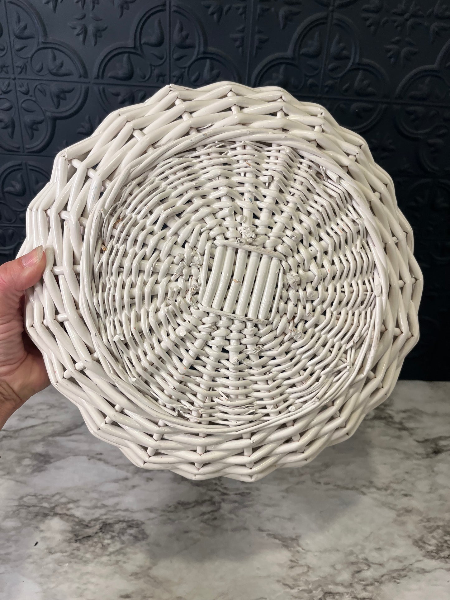 Round White Wicker Basket with Handles