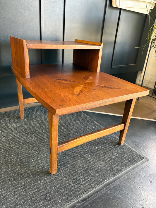 Lane Walnut Two Tier Side Table with Rosewood Petal Insert