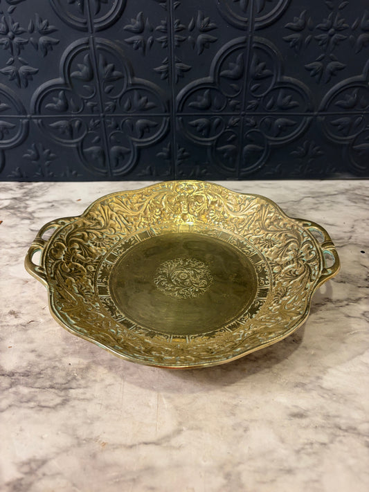 Round Brass Serving Tray with Deep Etching and handles
