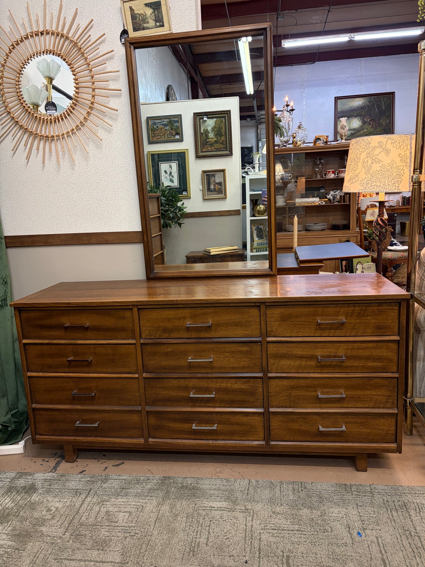 1970's Walnut and Chrome Dresser with Mirror