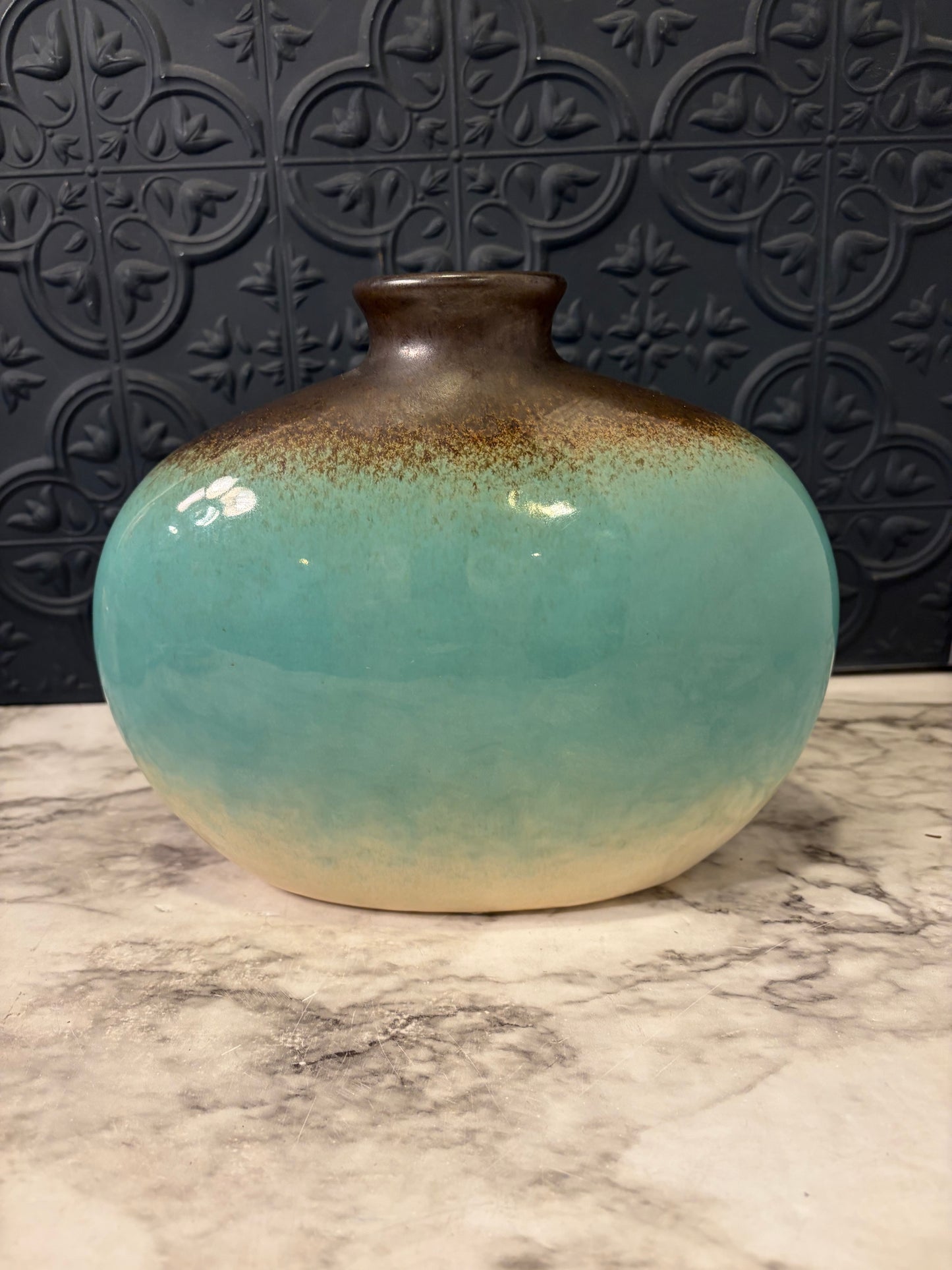 Blue Pottery Vase with Blue Rim Oval Shape