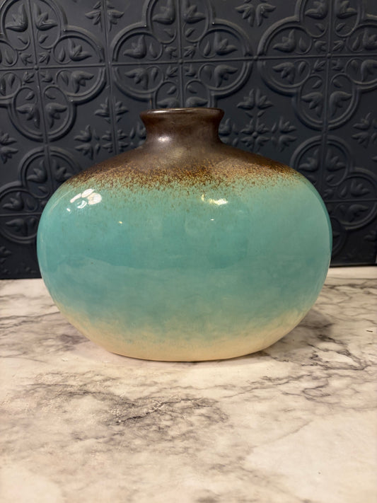 Blue Pottery Vase with Blue Rim Oval Shape