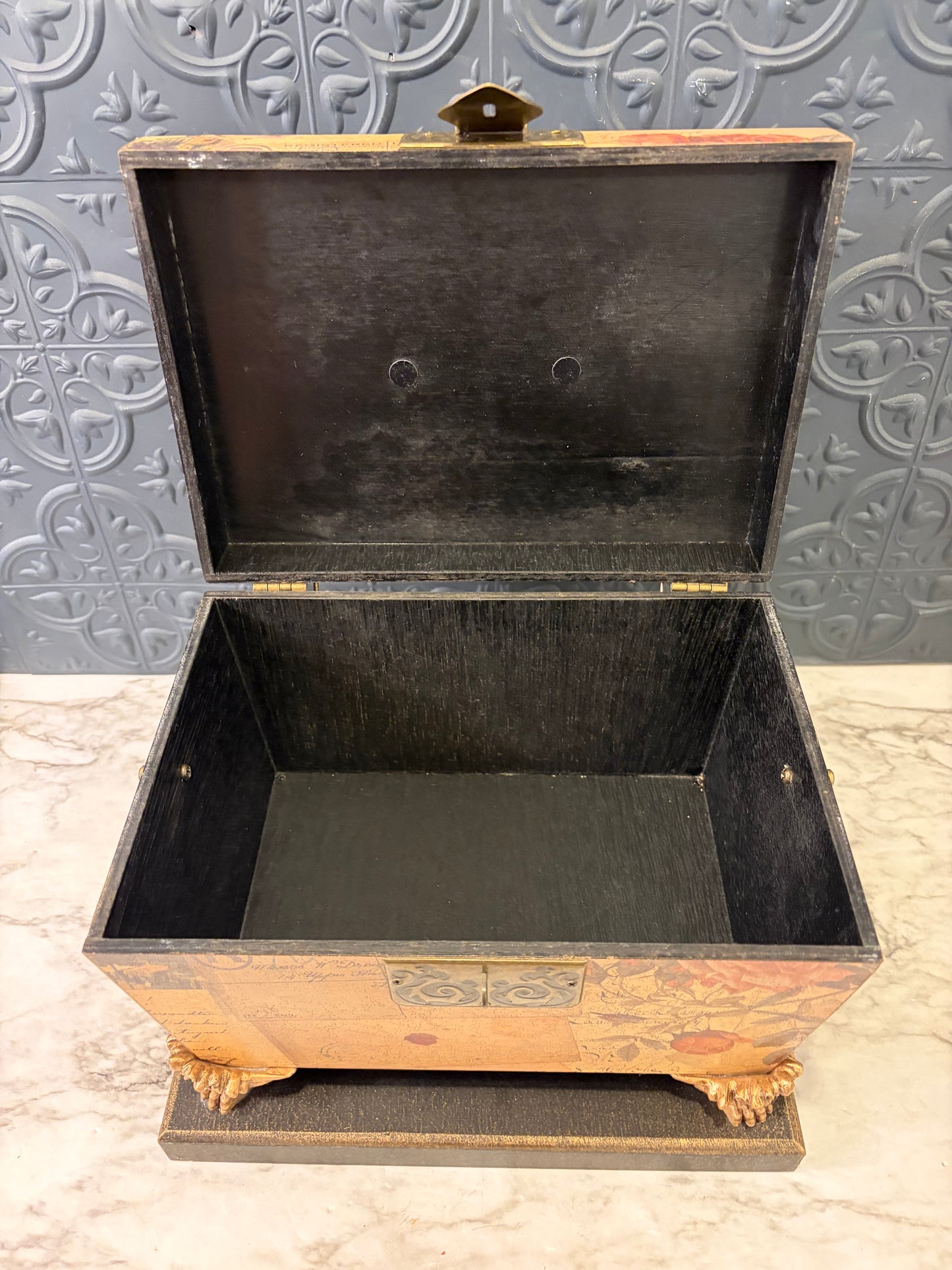Floral Box with handles and Feet on Wood Base