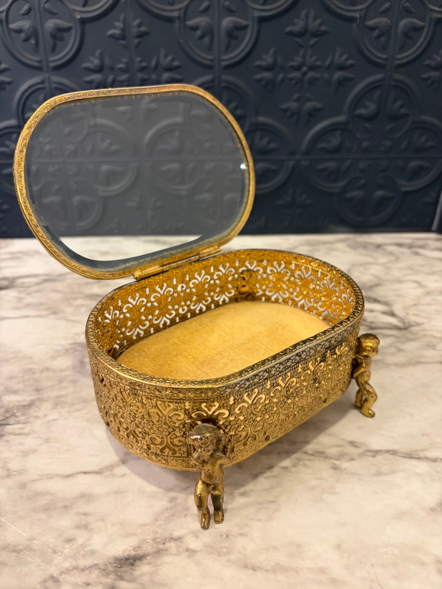 Gold Filigree Jewelry Box with Cherub legs