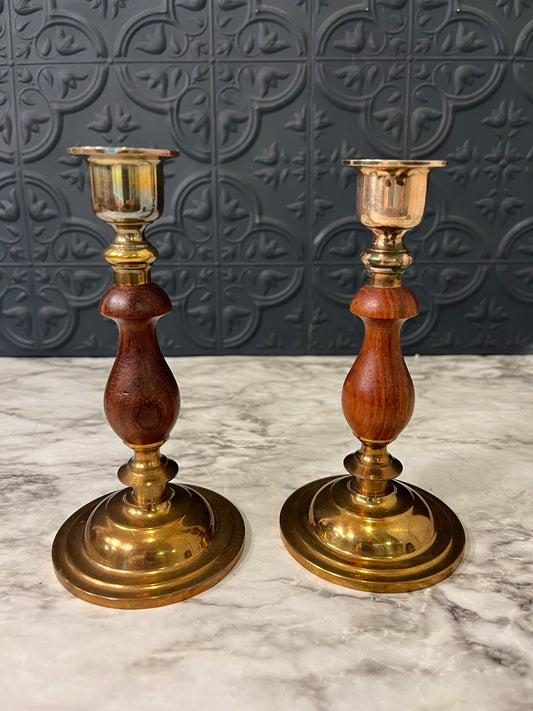 Brass and Wood Candle Holder x 2