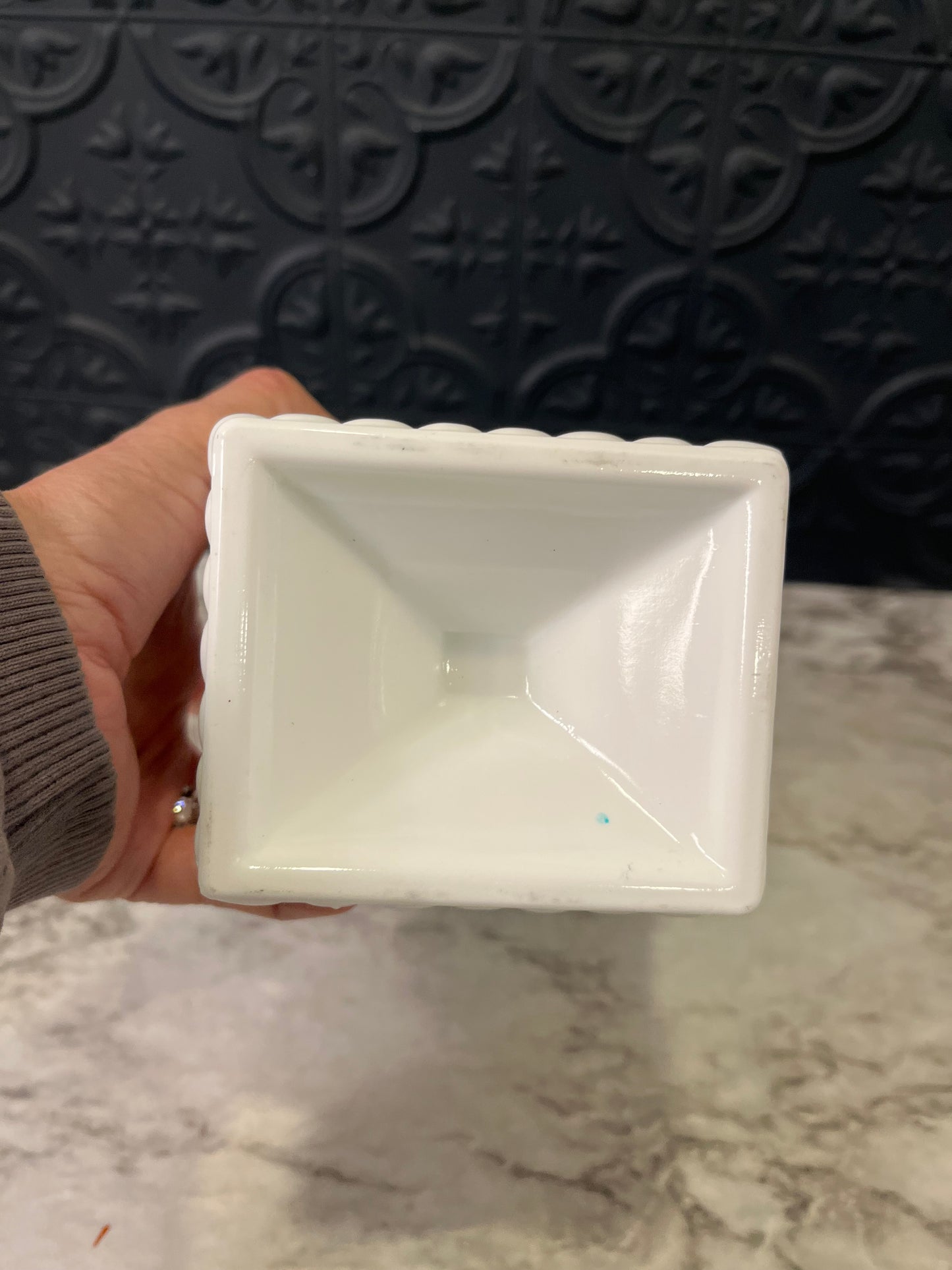 White Milk Glass Pedestal Planter Square with Rope detail