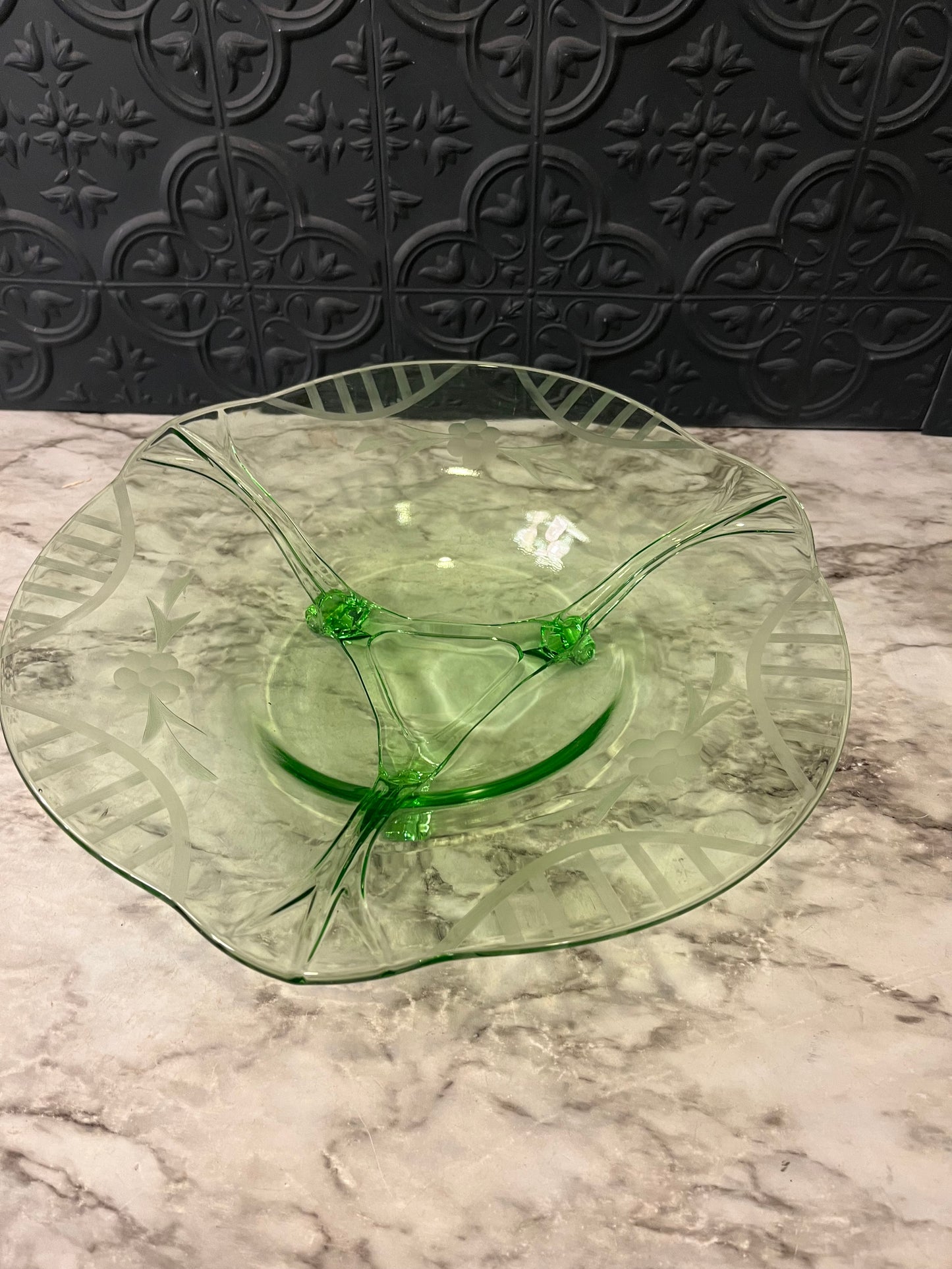 Etched Fostoria  Glass Bowl UV Reactive