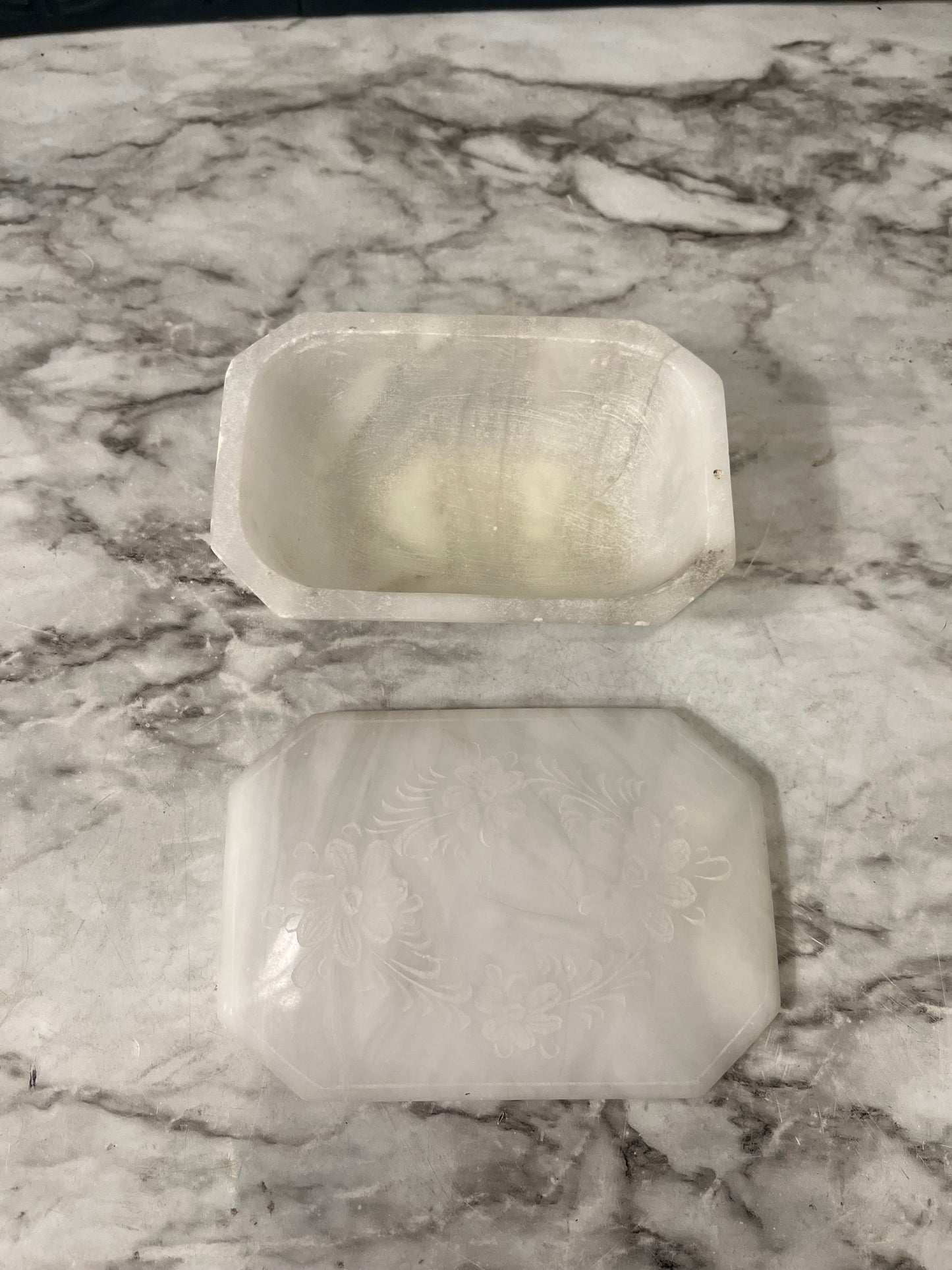 White Stone Etched Trinket Box