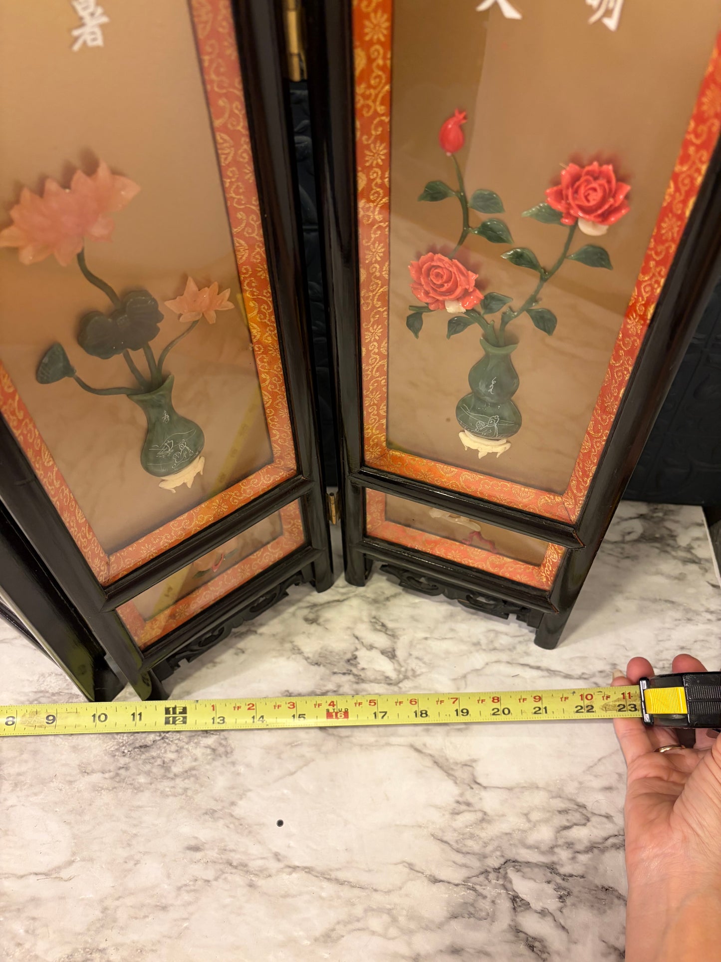 Four Panel Chinese Tabletop Stone Floral Screen