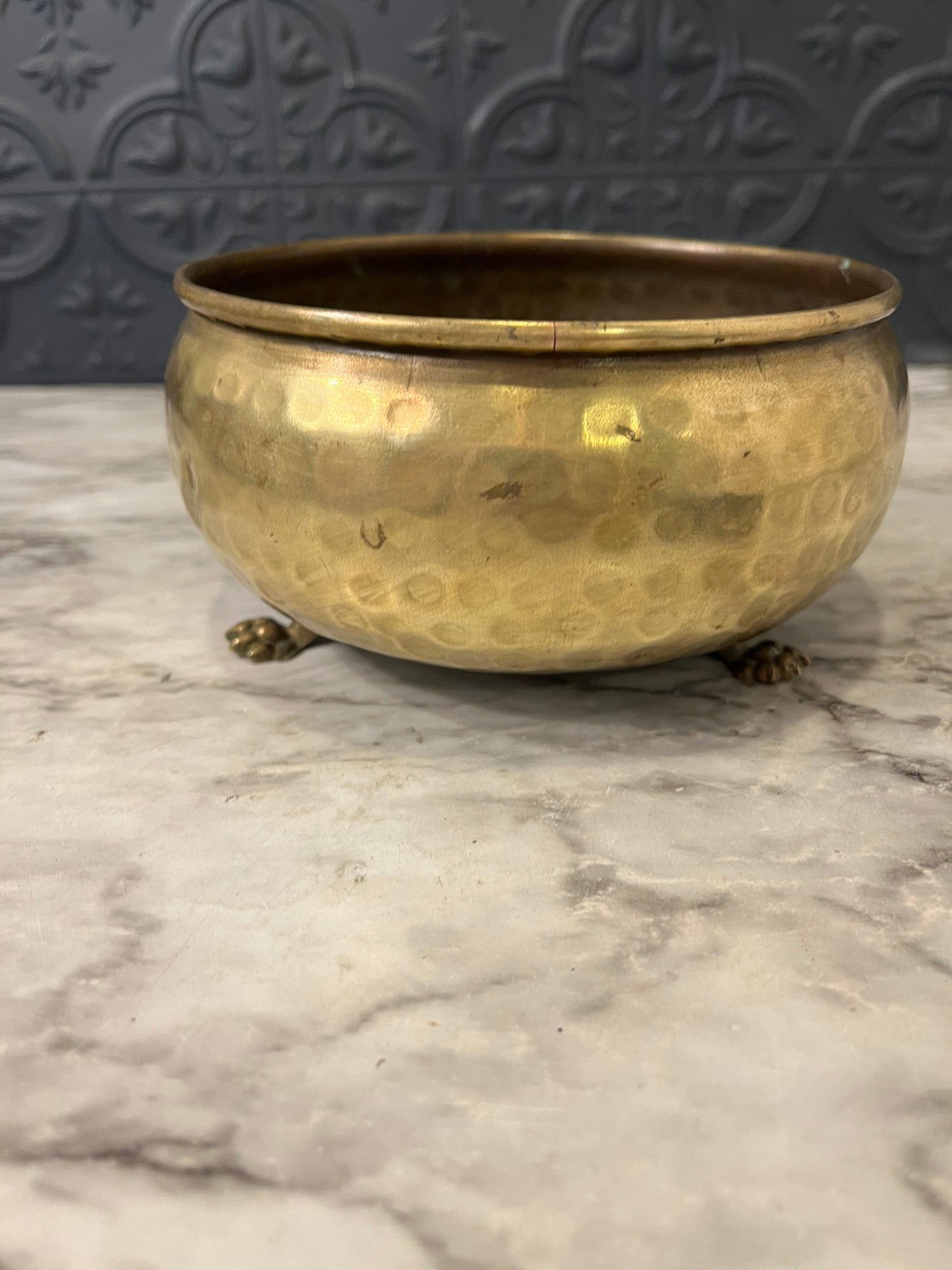 Hammered Brass Footed Shallow Pot