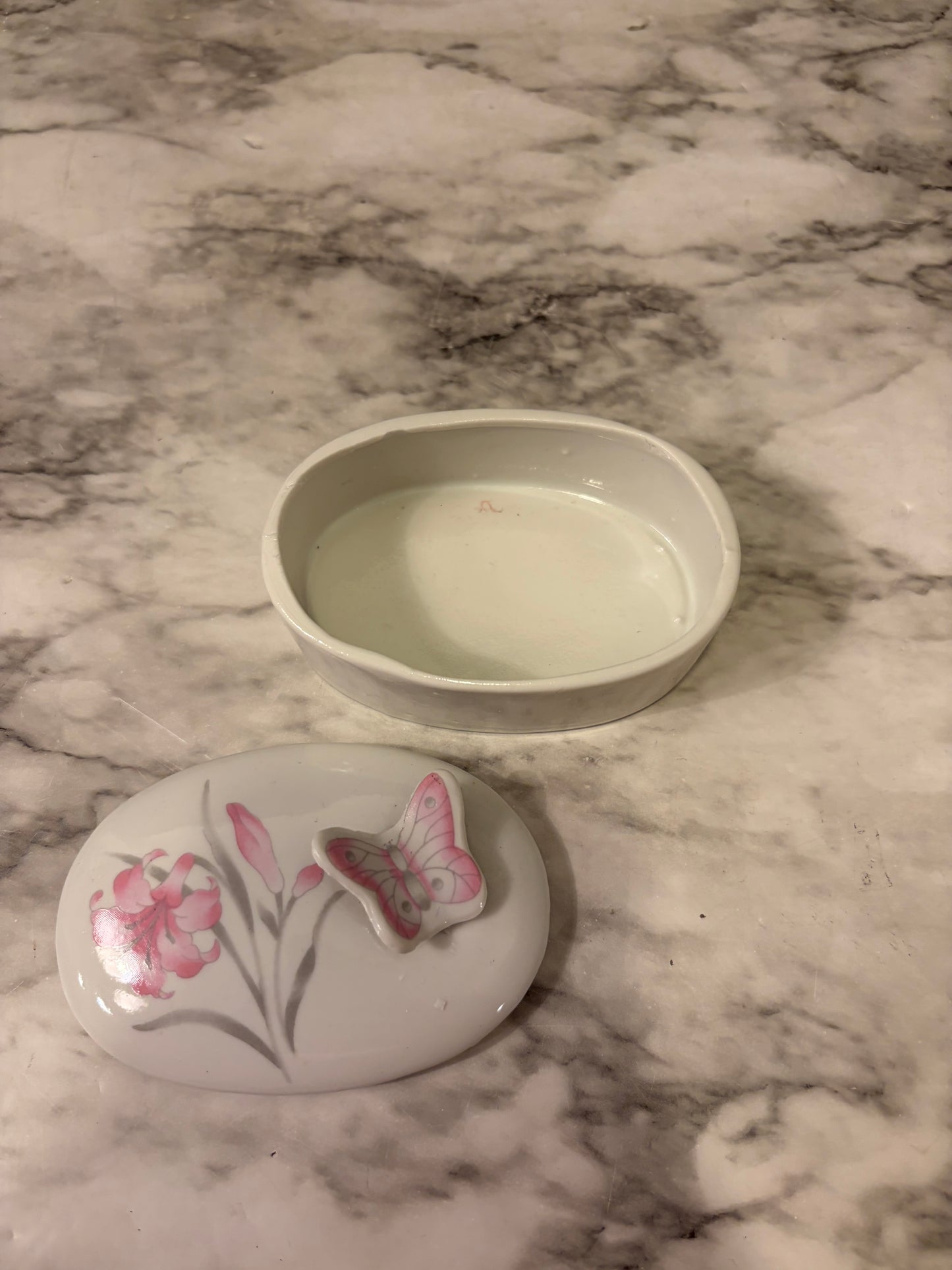 Small Oval Trinket Box with Pink Flowers and Butterfly