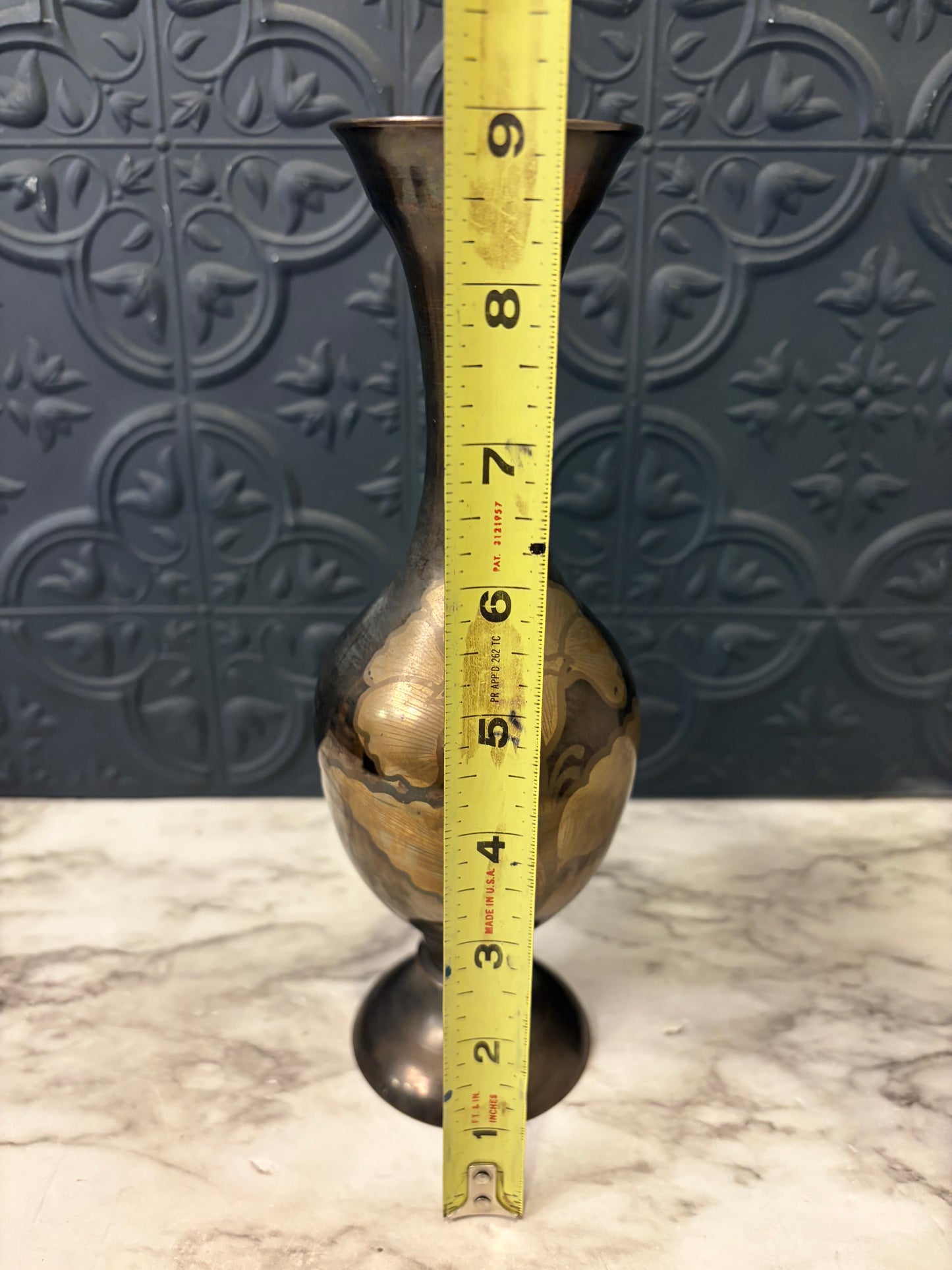 Gunmetal Brass Vase with Etched Flower