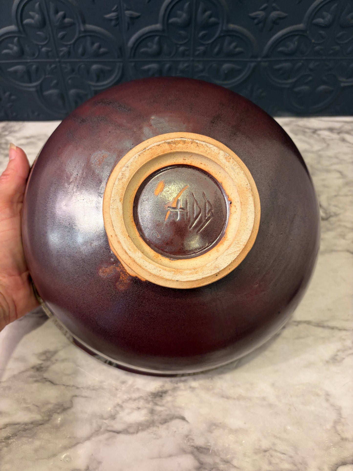 Purple and Green Pottery Bowl with Drip Finish