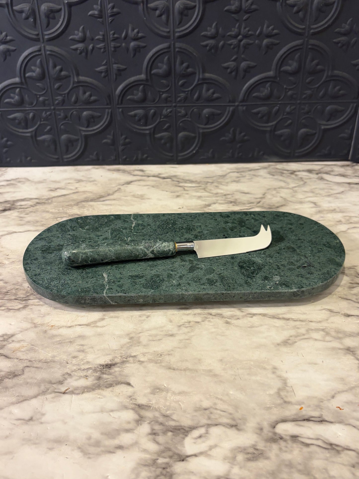 Oval Green Marble Cutting Tray with Knife