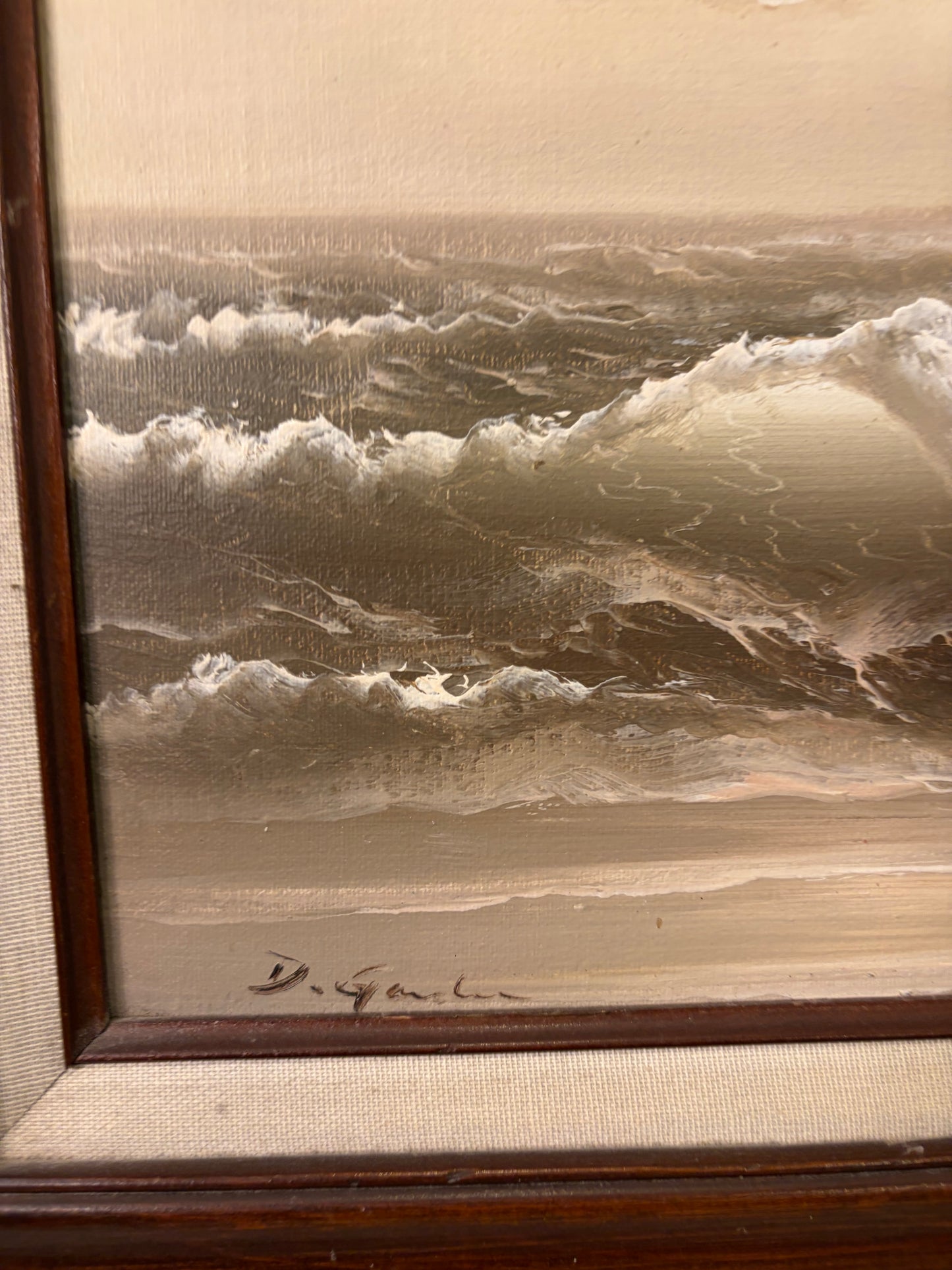 Muted Coastal Oil Painting in Dark Wood Frame