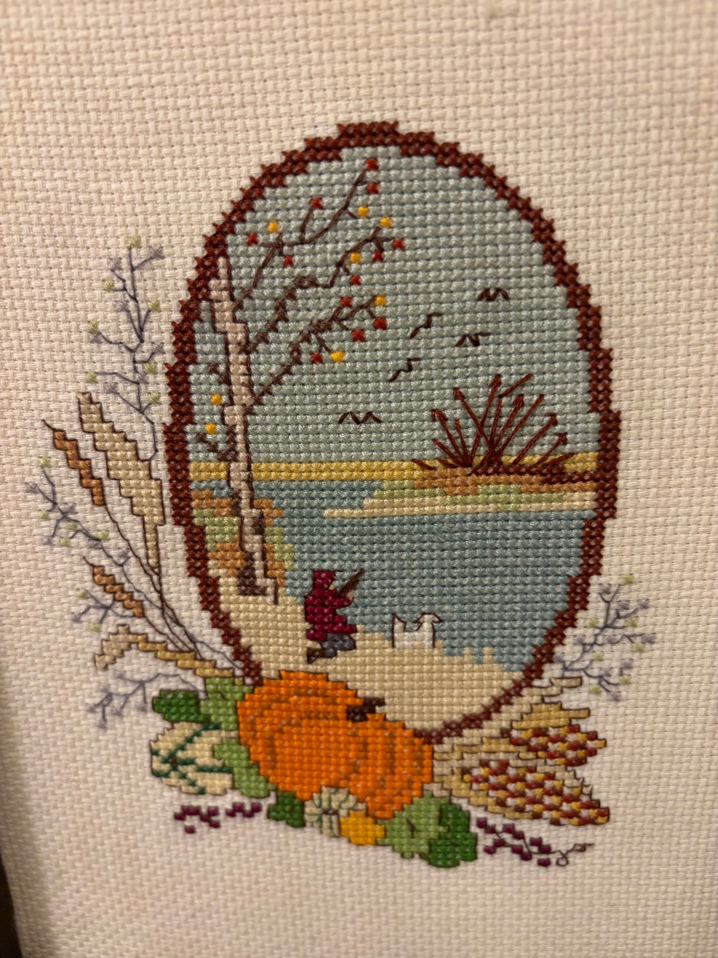 Framed Cross Stitch of Fall