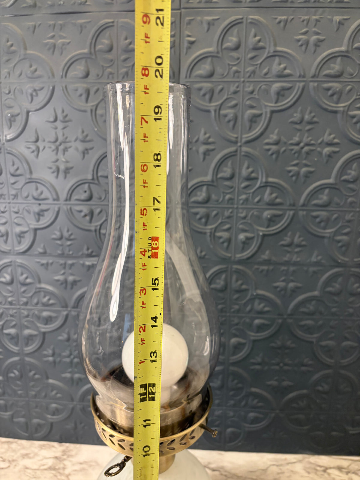 Vintage Brass lamp with round Glass ball and hurricane shade