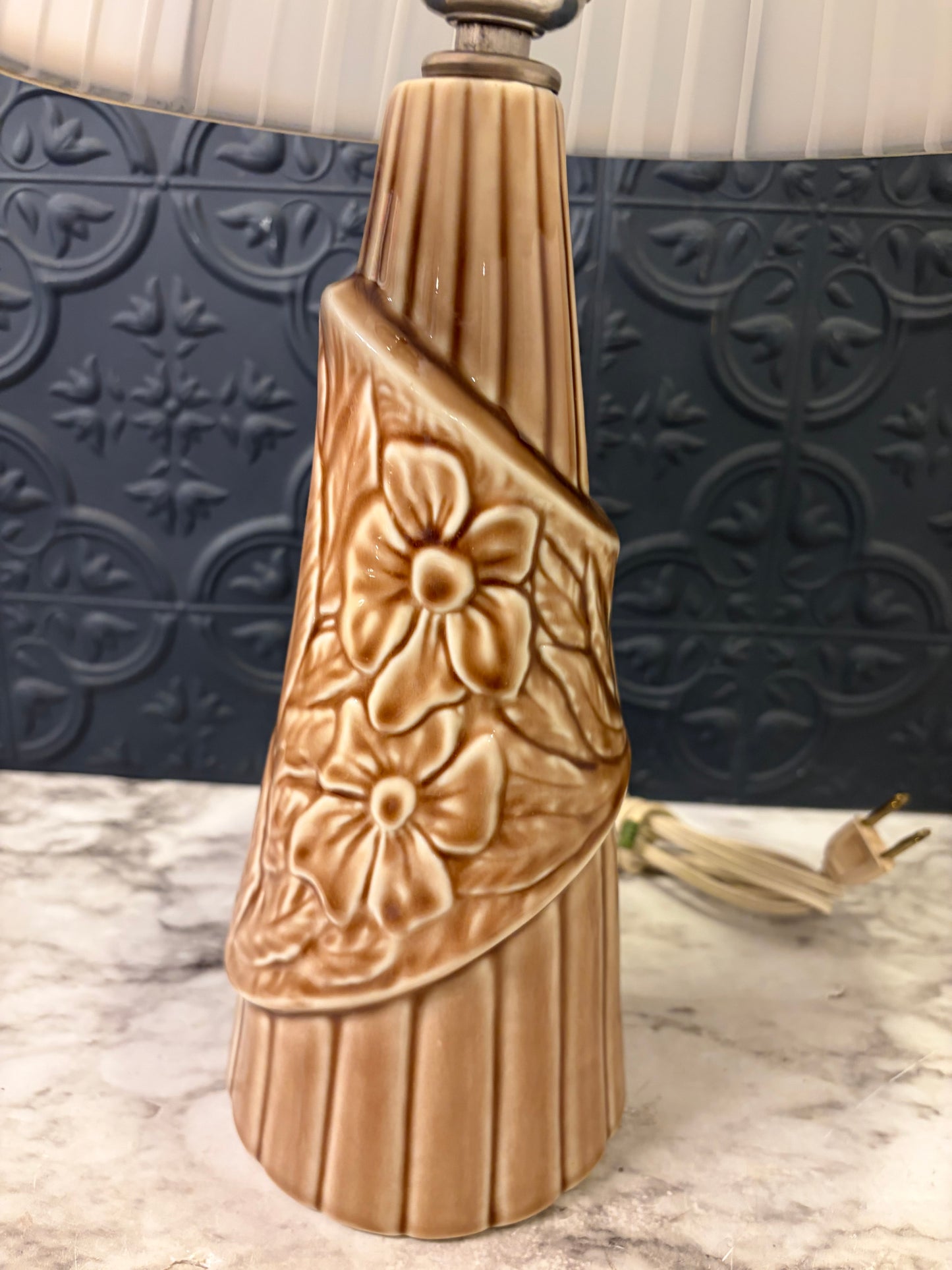 Tan Mid Century Ceramic Lamp with floral Design