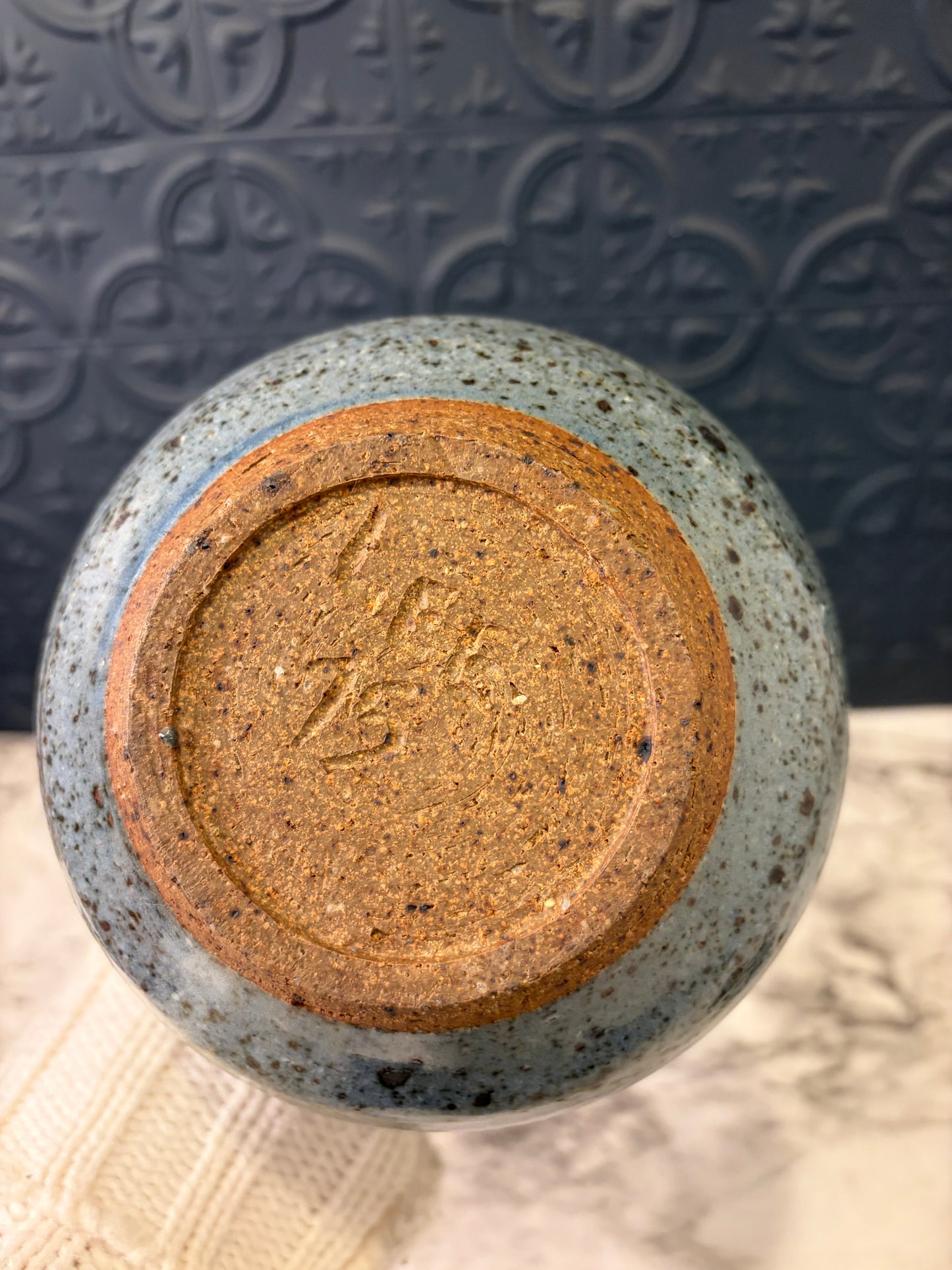 Blue and Brown Speckled Stoneware Vase