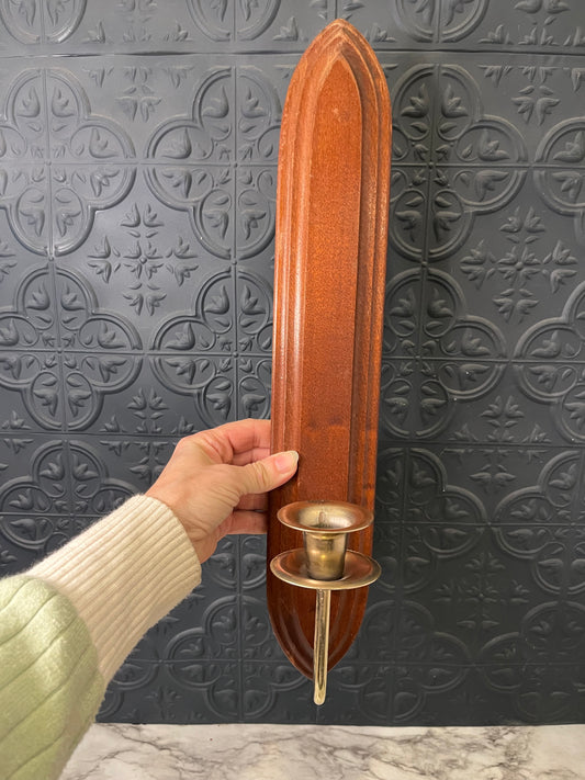 Vintage Wood Sconce with Brass Candle holder 18"