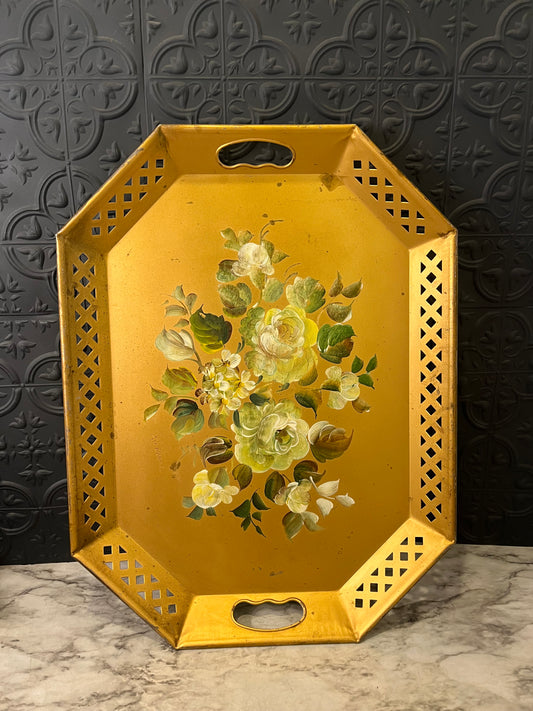 Floral Hand Painted gold tray