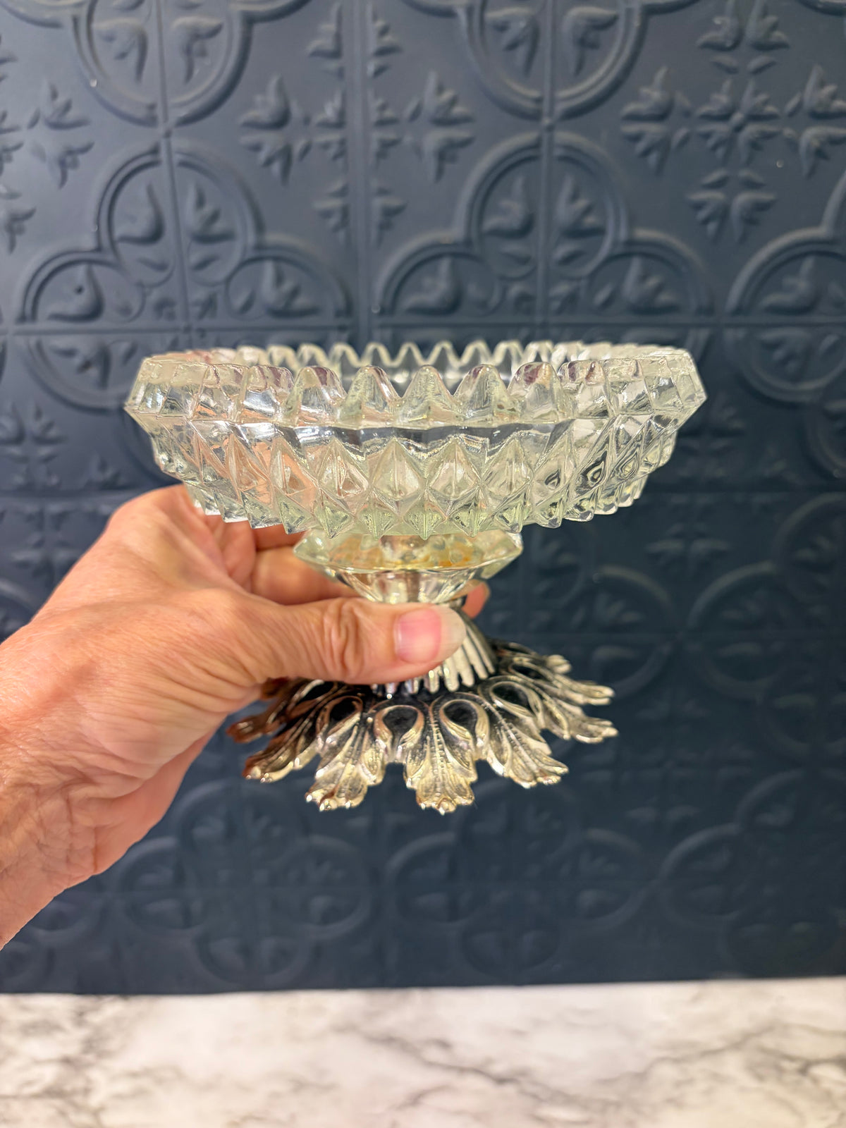 Pressed Glass Pedestal dish with Silver tone Metal Base
