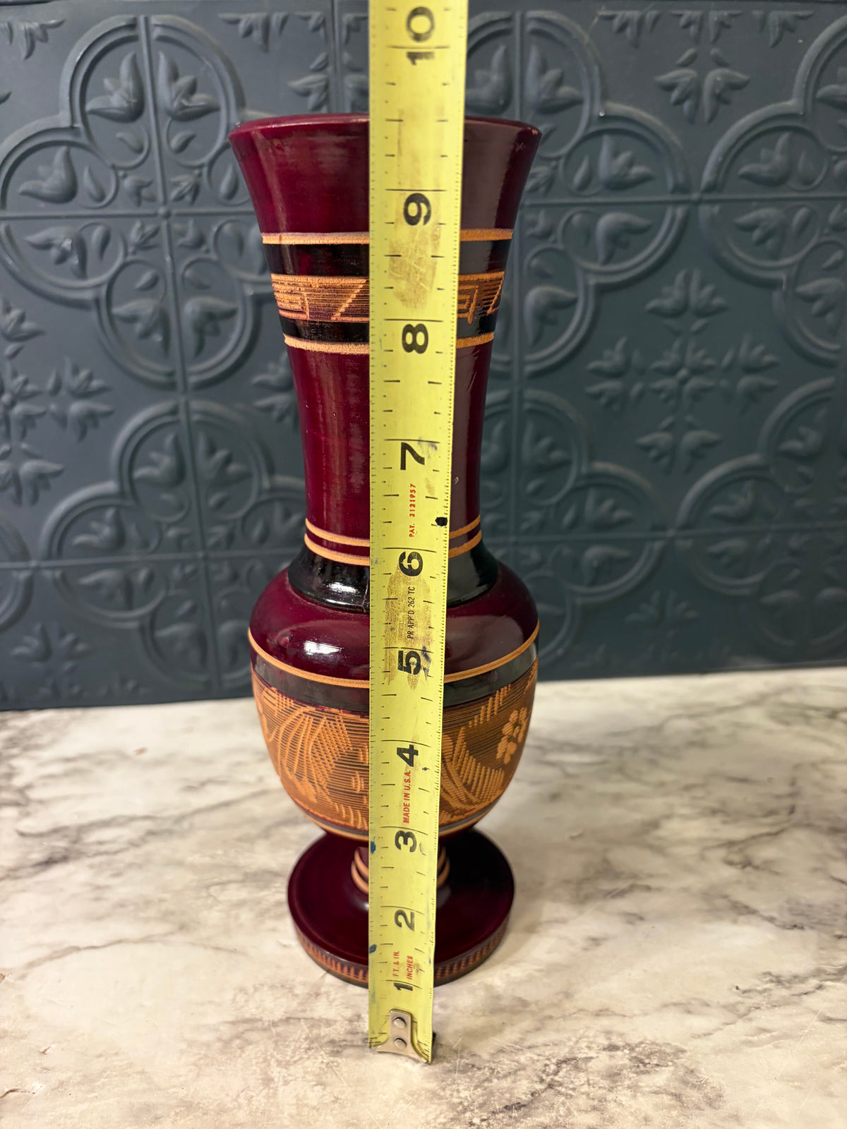 Carved Wooden Vase with Floral Design