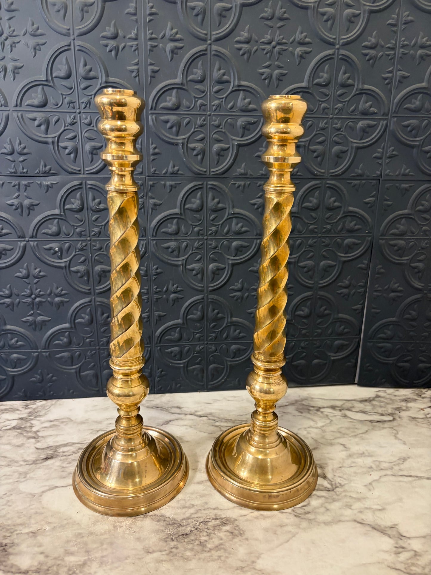 15" Brass Candlesticks with Twisted Stem x2