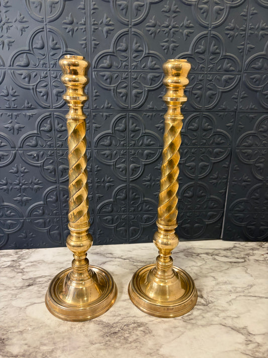 15" Brass Candlesticks with Twisted Stem x2