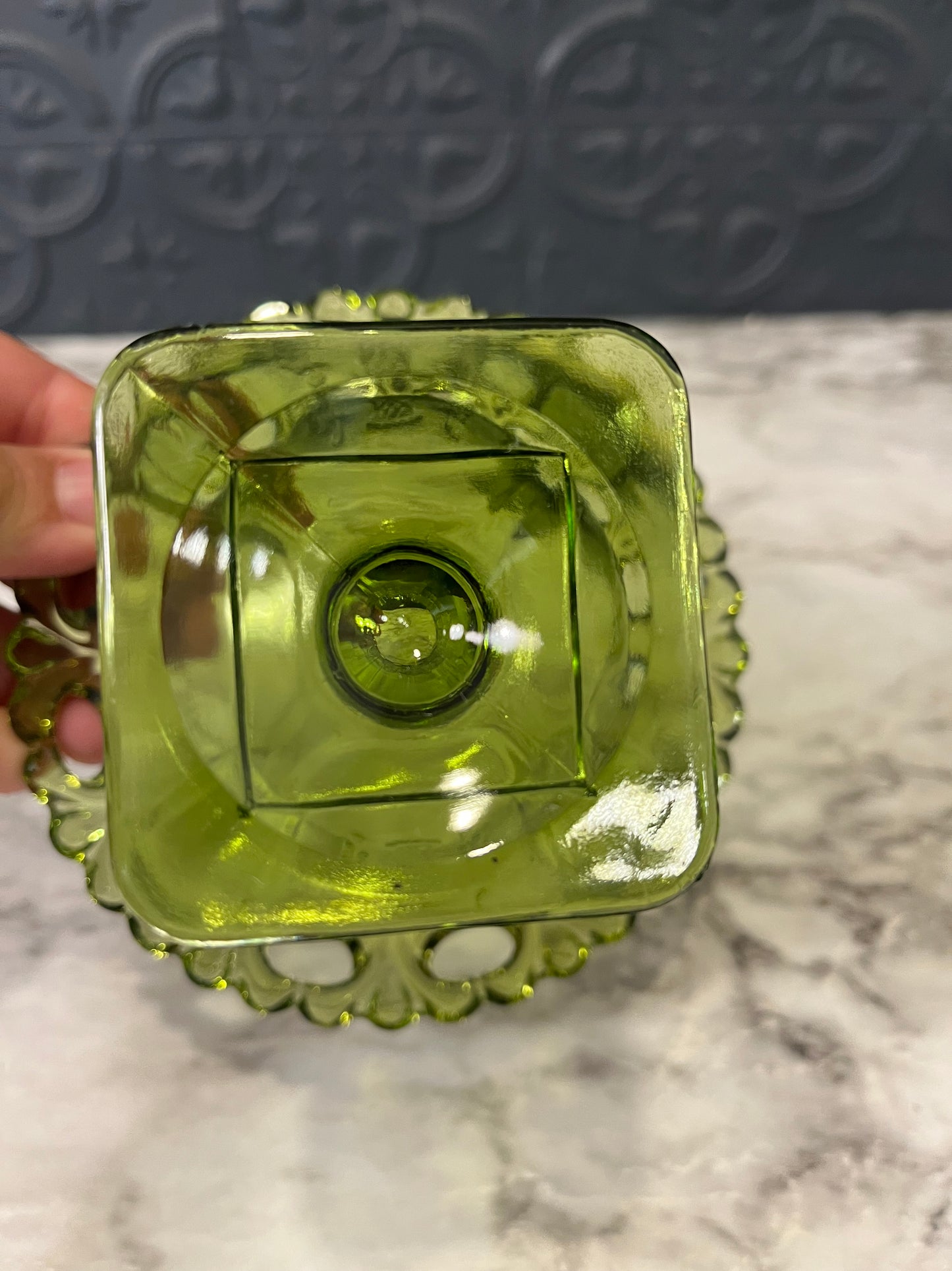 Green Glass Lace Edge Pedestal Bowl