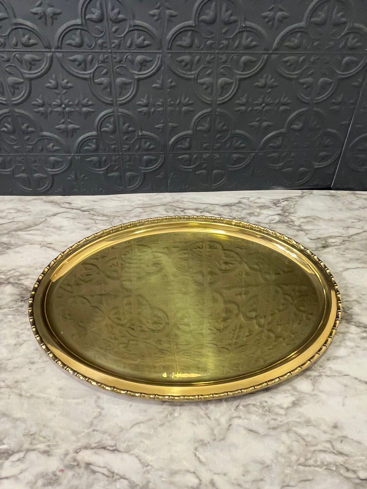 Brass Oval Tray with Faux Bamboo Edge 15"