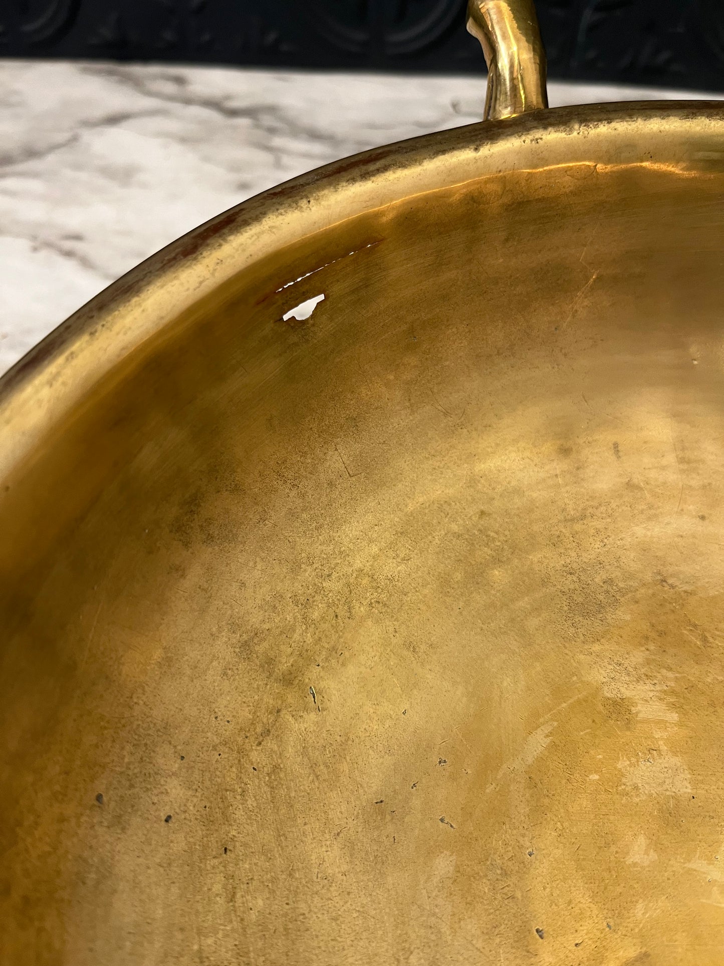 Solid Brass Footed Bowl with Handles and Etching around Rim