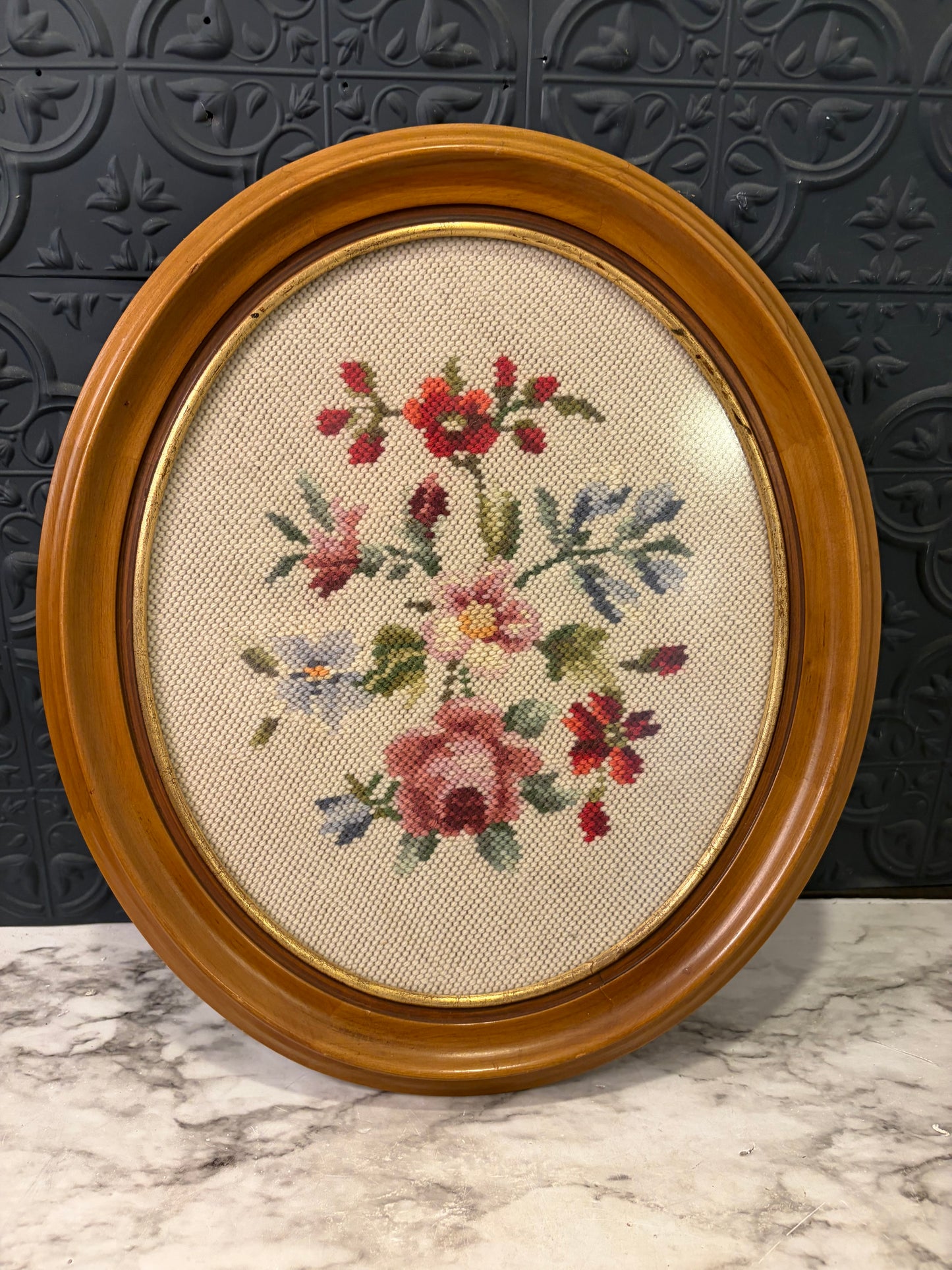 Oval Needlepoint Floral in Wood Frame