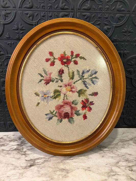 Oval Needlepoint Floral in Wood Frame