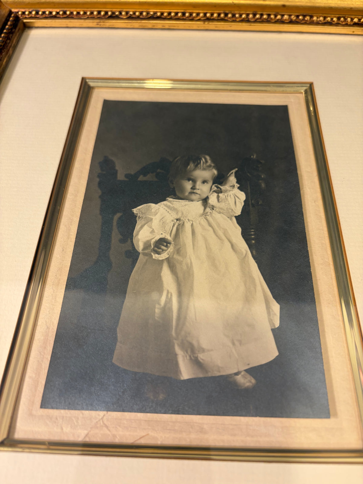 Gold Framed Antique Photo of Child in White Dress