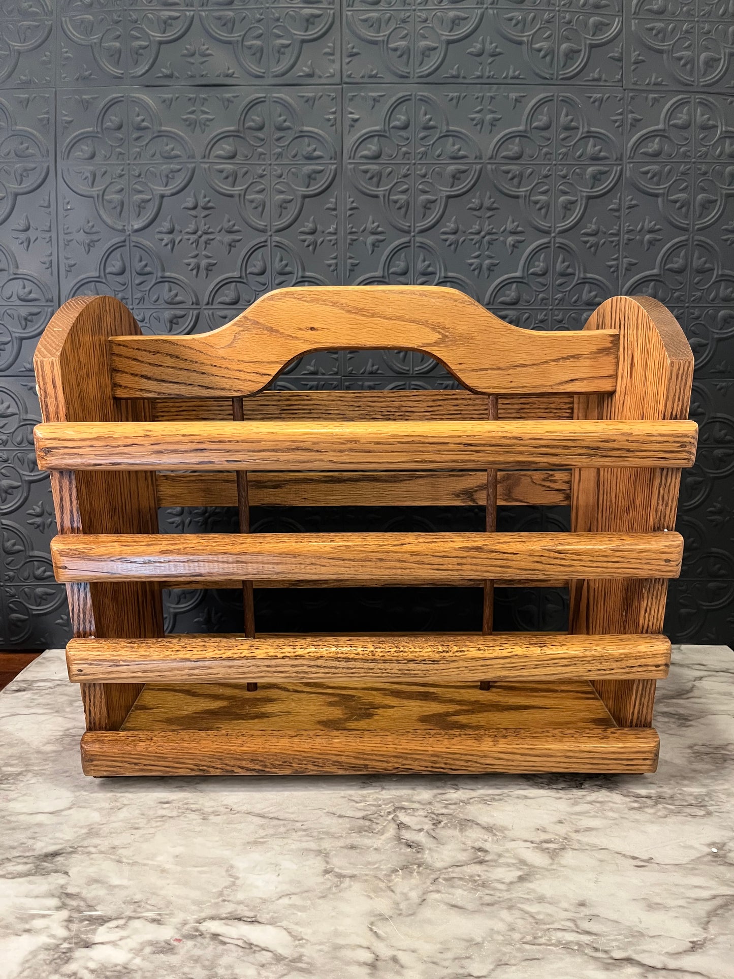 Large oak magazine book rack with slats